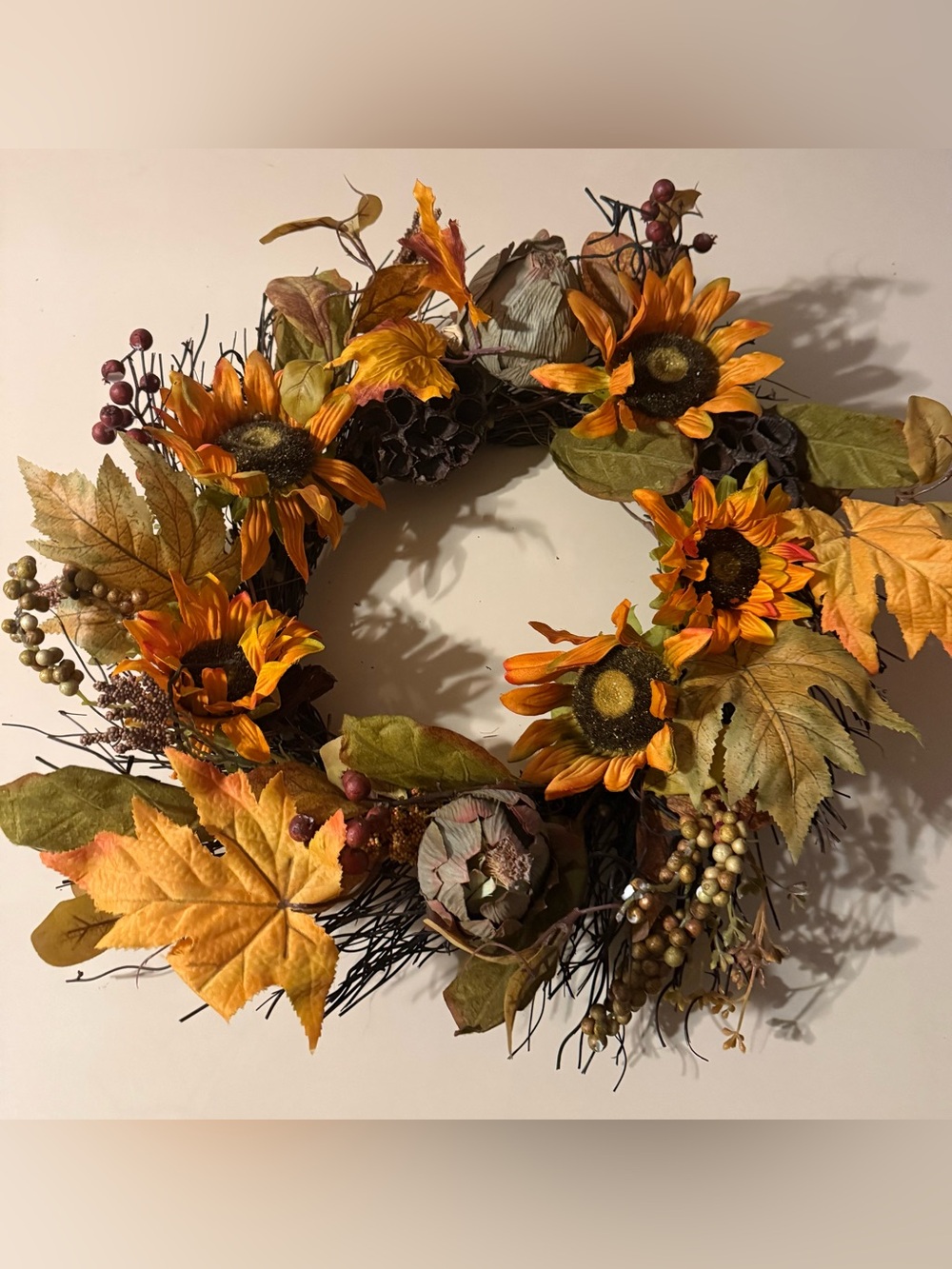 Sunflower Fall Wreath - Orange and Green Faux Floral Accent
